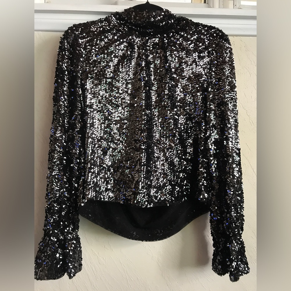 Free People Black Sequin Keyhole Back Blouse SMALL